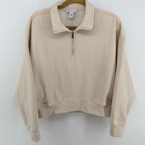 Athleta Womens Large Fleece 1/2 Half Zip Pullover Sweatshirt Cream Peach Trim L